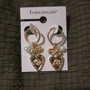 Francesca's Gold Heart Earrings with Green and White Details